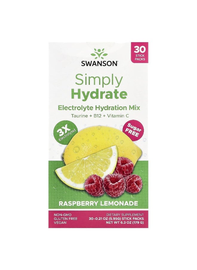 Swanson, Simply Hydrate, Electrolyte Hydration Mix, Raspberry Lemonade, 30 Stick Packs, 0.21 oz (5.95 g) Each