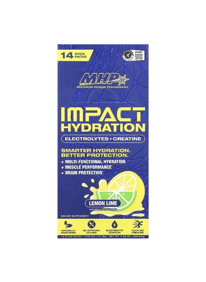 MHP, Impact Hydration, Electrolytes + Creatine, Lemon Lime , 14 Stick Packs, 0.52 oz (14.76 g) Each