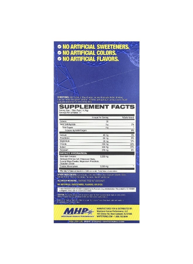 MHP, Impact Hydration, Electrolytes + Creatine, Lemon Lime , 14 Stick Packs, 0.52 oz (14.76 g) Each