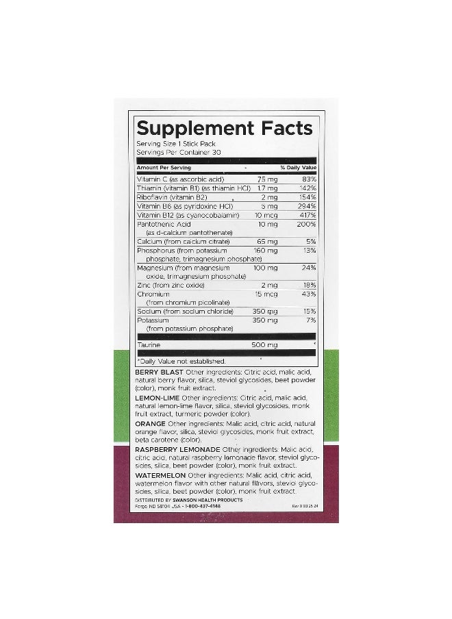 Swanson, Simply Hydrate, Electrolyte Hydration Mix, Variety Pack, 30 Sticks Packs, 6.36 oz (180 g)