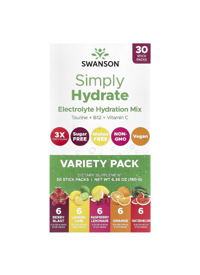 Swanson, Simply Hydrate, Electrolyte Hydration Mix, Variety Pack, 30 Sticks Packs, 6.36 oz (180 g)