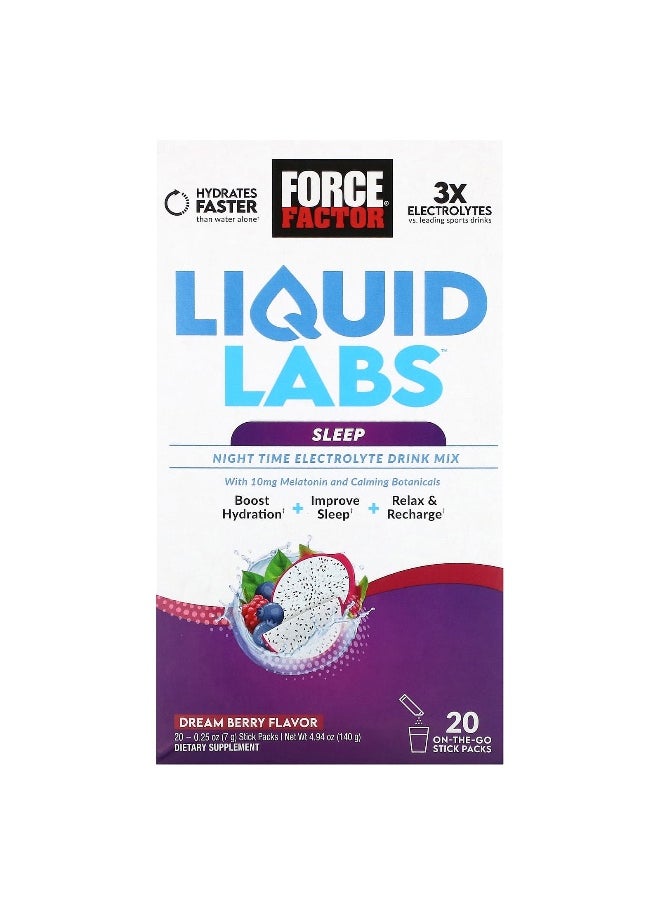 Force Factor, Liquid Labs™ Sleep, Night Time Electrolyte Drink Mix, Dream Berry, 20 Stick Packs, 0.25 oz (7 g) Each