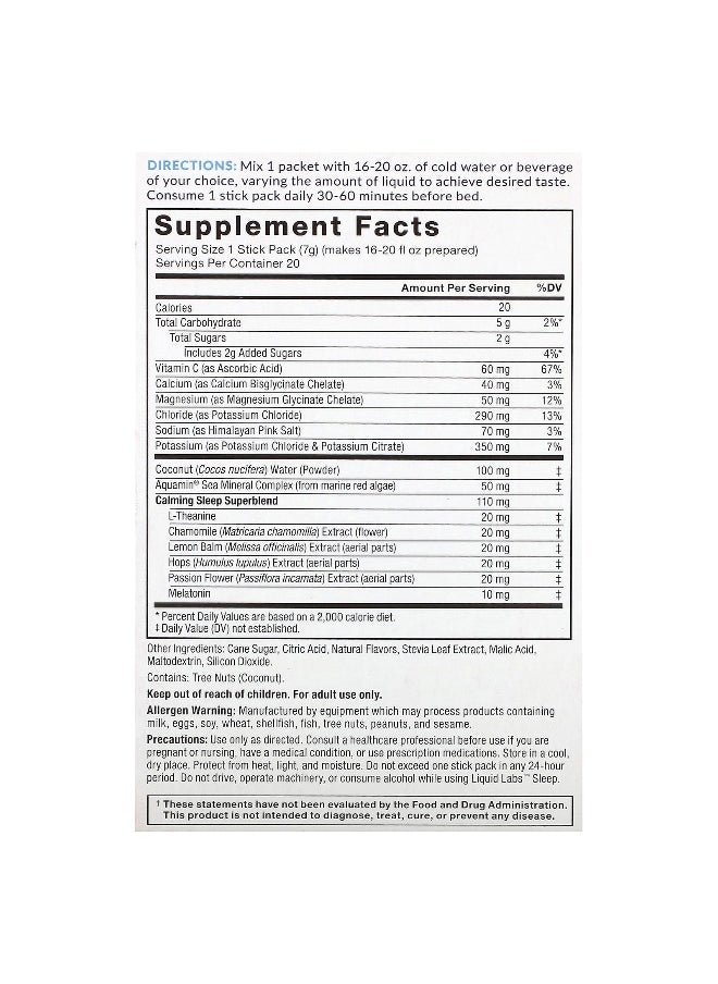 Force Factor, Liquid Labs™ Sleep, Night Time Electrolyte Drink Mix, Dream Berry, 20 Stick Packs, 0.25 oz (7 g) Each