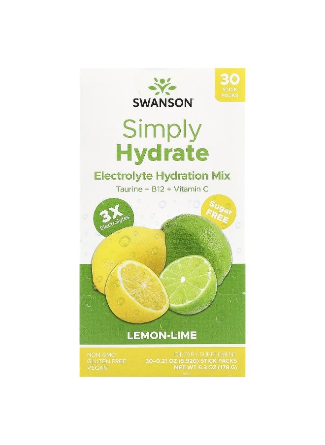 Swanson, Simply Hydrate, Electrolyte Hydration Mix, Lemon-Lime, 30 Stick Packs, 0.21 oz (5.92 g) Each