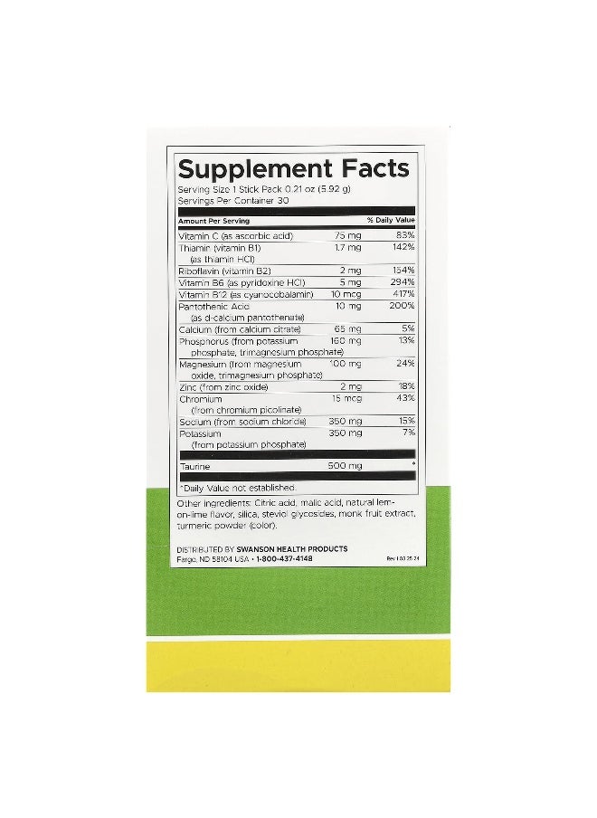 Swanson, Simply Hydrate, Electrolyte Hydration Mix, Lemon-Lime, 30 Stick Packs, 0.21 oz (5.92 g) Each