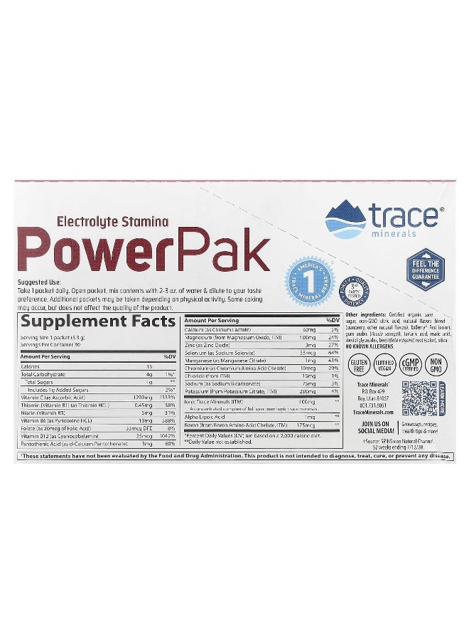 Trace, Electrolyte Stamina PowerPak, Cranberry, 30 Packets, 0.19 oz (5.3 g) Each