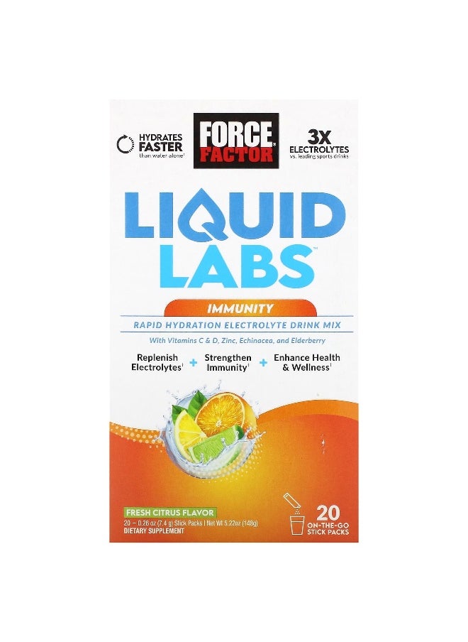Force Factor, Liquid Labs™ Immunity, Rapid Hydration Electrolyte Drink Mix, Fresh Citrus, 20 Stick Packs, 0.26 oz (7.4 g) Each