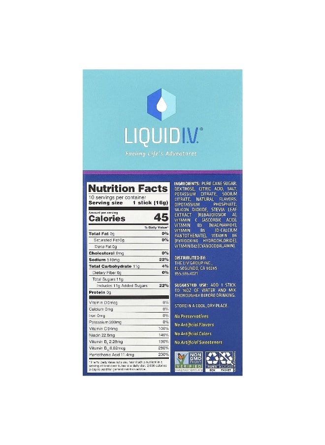 Liquid I.V., Hydration Multiplier, Electrolyte Drink Mix, Acai Berry,  10 Stick Packs, 0.56 oz (16 g) Each