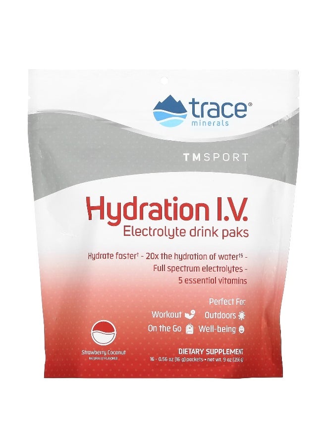 Trace, TM Sport, Hydration I.V., Electrolyte Drink Paks, Strawberry Coconut, 16 Packets, 0.56 oz (16 g) Each