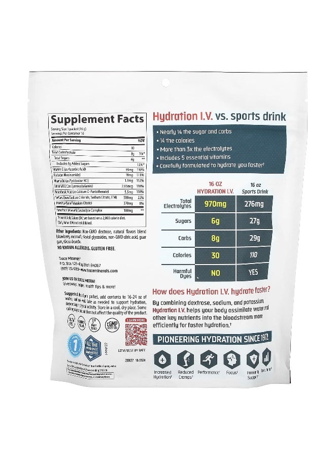 Trace, TM Sport, Hydration I.V., Electrolyte Drink Paks, Strawberry Coconut, 16 Packets, 0.56 oz (16 g) Each