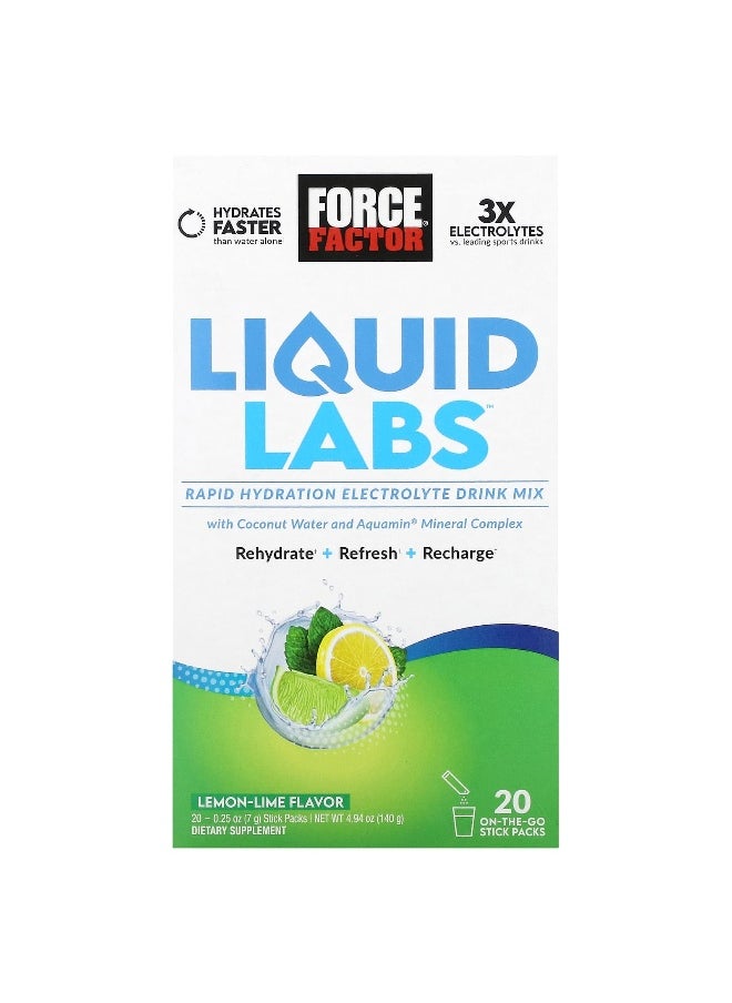 Force Factor, Liquid Labs™, Rapid Hydration Electrolyte Drink Mix, Lemon-Lime, 20 Stick Packs, 0.25 oz (7 g) Each