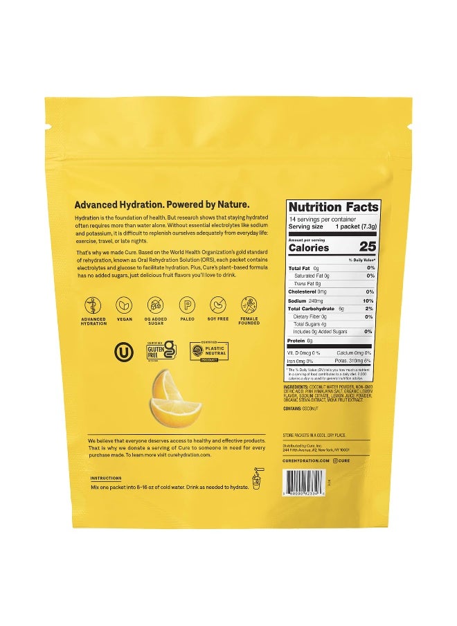 Cure Hydration, Hydrating Electrolyte Mix, Lemonade, 14 Packets, 0.26 oz (7.3 g) Each