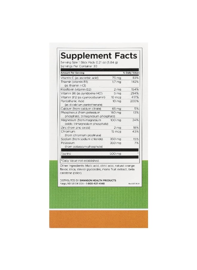 Swanson, Simply Hydrate, Electrolyte Hydration Mix, Orange, 30 Stick Packs, 0.21 oz (5.84 g) Each