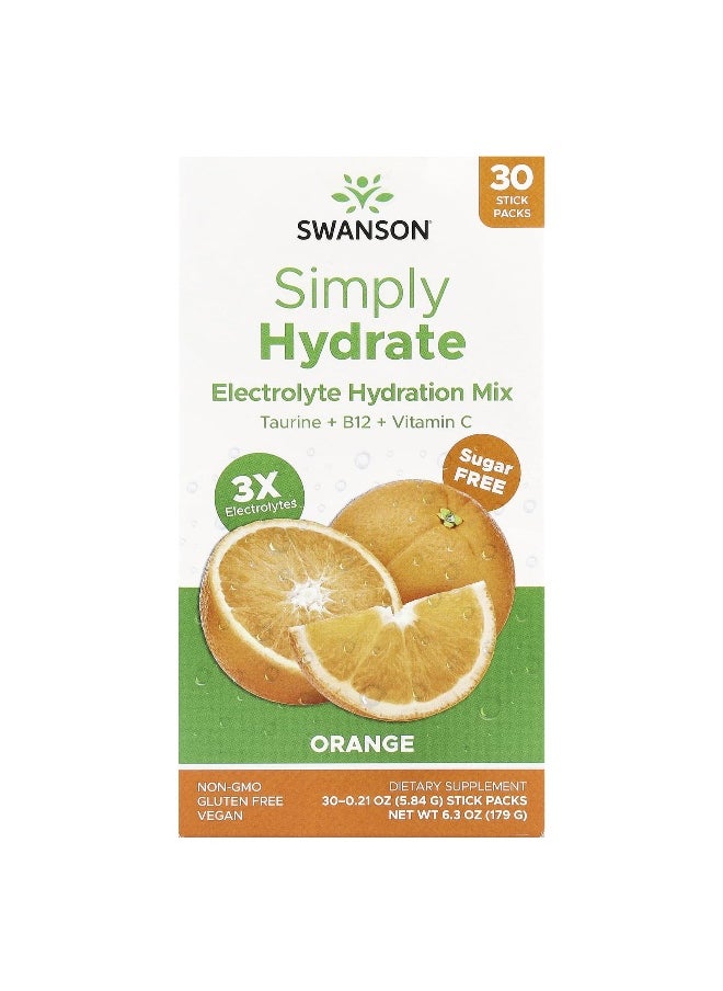Swanson, Simply Hydrate, Electrolyte Hydration Mix, Orange, 30 Stick Packs, 0.21 oz (5.84 g) Each