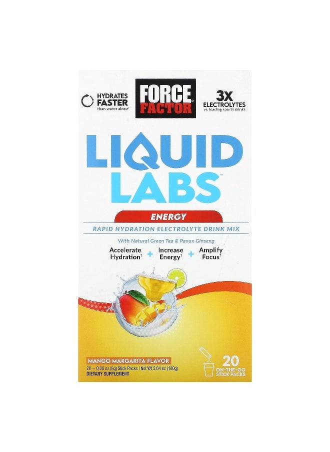 Force Factor, Liquid Labs™ Energy, Rapid Hydration Electrolyte Drink Mix, Mango Margarita, 20 Stick Packs, 0.28 oz (8 g) Each