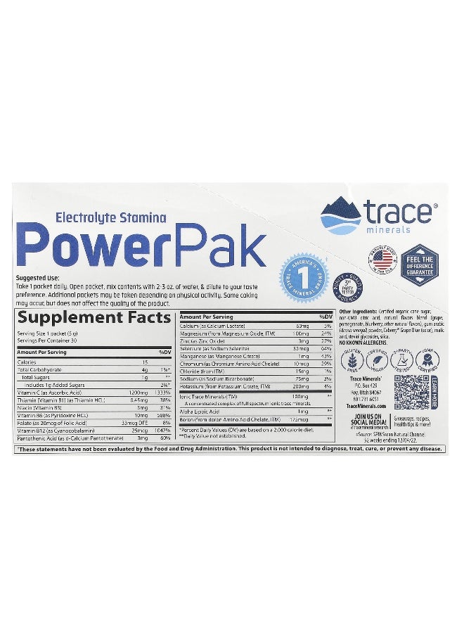 Trace, Electrolyte Stamina PowerPak, Pomegranate Blueberry, 30 Packets, 0.18 oz (5 g) Each