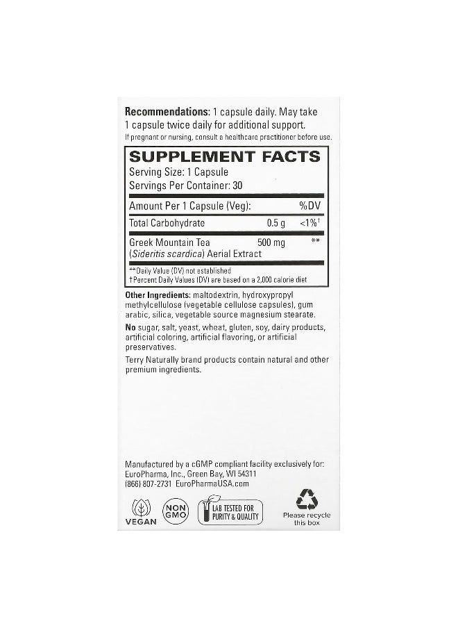 Terry Naturally, Greek Mountain Tea, 500 mg, 30 Capsules