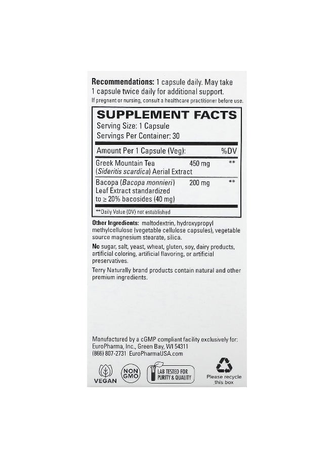 Terry Naturally, Greek Mountain Tea + Bacopa, 30 Capsules