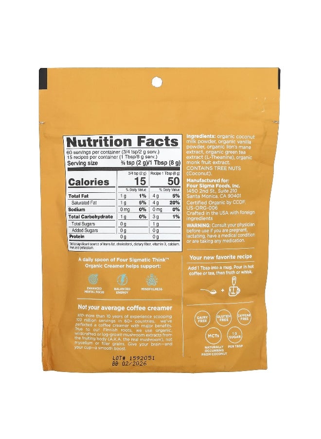 Four Sigmatic, Think Organic Creamer, Dairy Free, Vanilla Coconut, 4.23 oz (120 g)