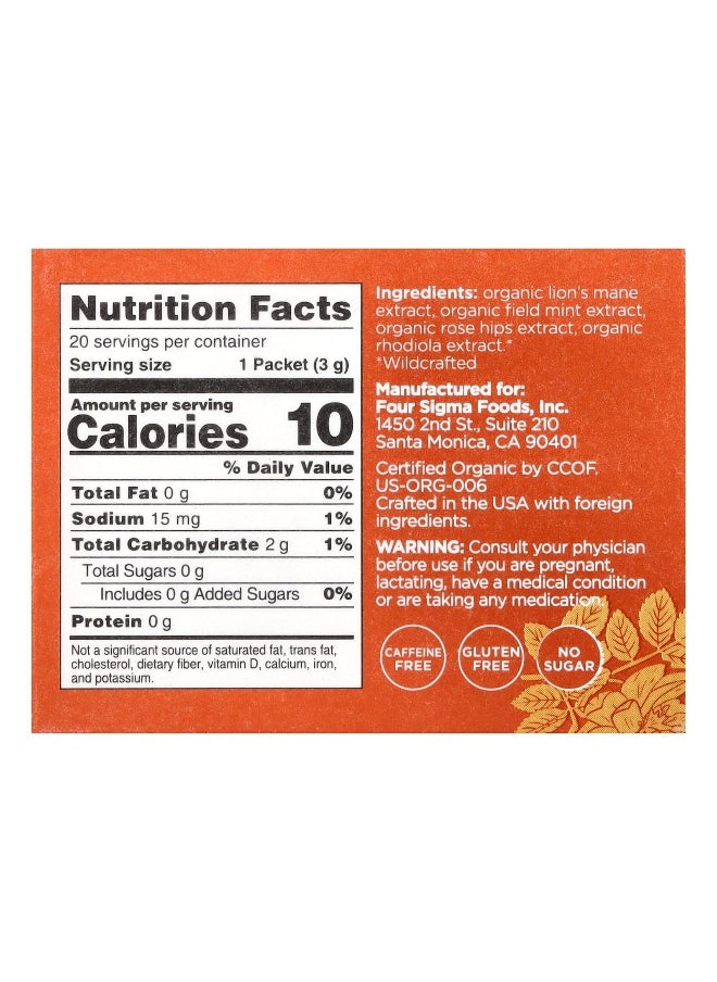 Four Sigmatic, Think, Organic Elixir Mix With Lion's Mane Mushroom & Rhodiola, Caffeine Free, 20 Packets, 0.1 oz (3 g) Each