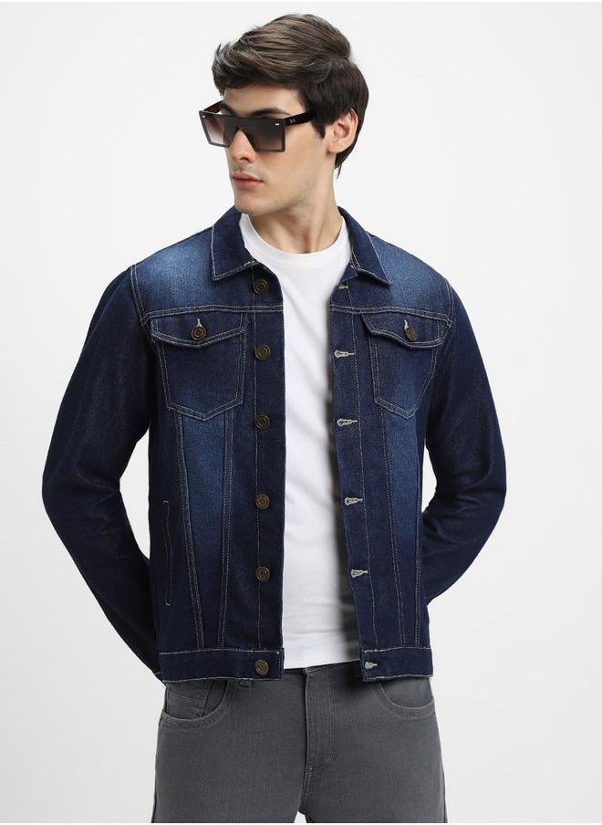 Regular Fit Indigo Men's Denim Jacket, Full Sleeves, Spread Collar, Casual