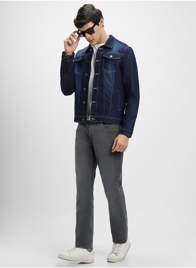 Regular Fit Indigo Men's Denim Jacket, Full Sleeves, Spread Collar, Casual