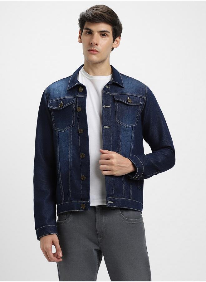 Regular Fit Indigo Men's Denim Jacket, Full Sleeves, Spread Collar, Casual