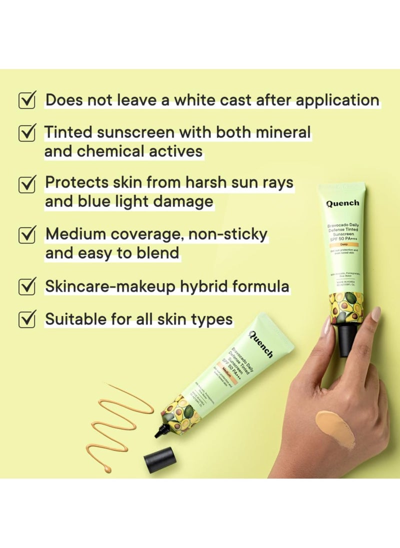 Daily Defense Tinted Sunscreen Spf 50 Pa+++ For Glowing Skin With Avocado & 2% Niacinamide Blue Light Protection Satin-Matte Finish Made In Korea Medium, 50Ml | For Normal Skin