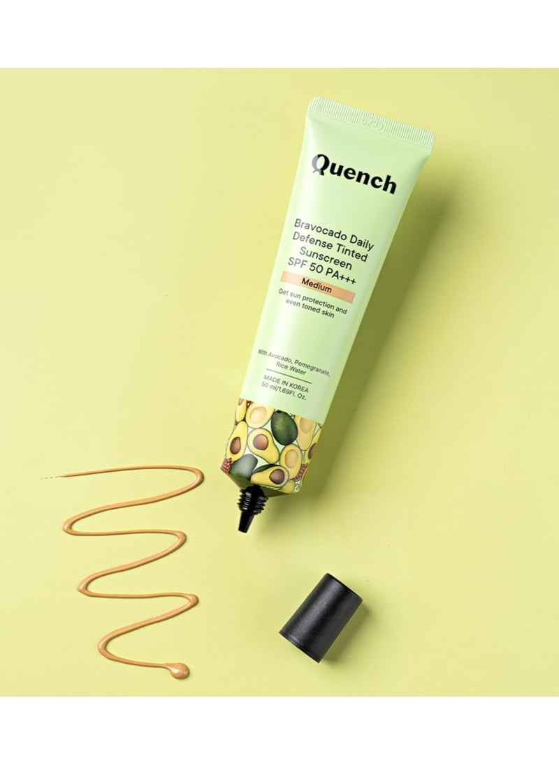 Daily Defense Tinted Sunscreen Spf 50 Pa+++ For Glowing Skin With Avocado & 2% Niacinamide Blue Light Protection Satin-Matte Finish Made In Korea Medium, 50Ml | For Normal Skin