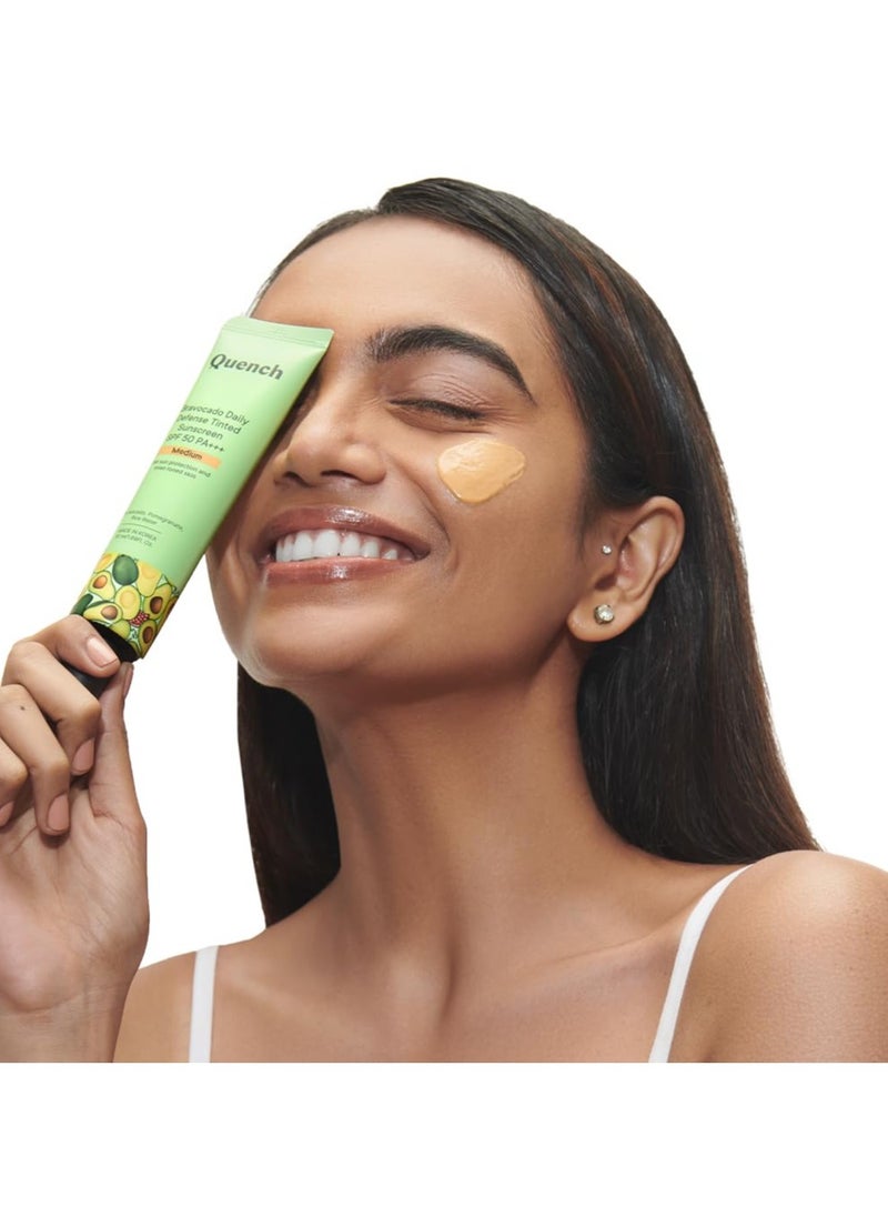 Daily Defense Tinted Sunscreen Spf 50 Pa+++ For Glowing Skin With Avocado & 2% Niacinamide Blue Light Protection Satin-Matte Finish Made In Korea Medium, 50Ml | For Normal Skin
