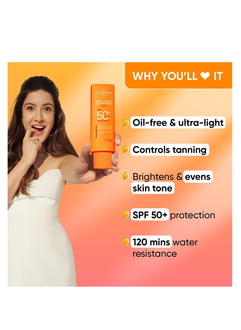 Dot & Key Mango Detan Gel Sunscreen SPF 50+ PA+++ 50g | Oil-Free, With Alpha-Arbutin & Niacinamide | Controls Tanning, Brightens Skin, Ultra-light | Fades Dark Spots, Evens Skin Tone, Water Resistant | All Skin Types