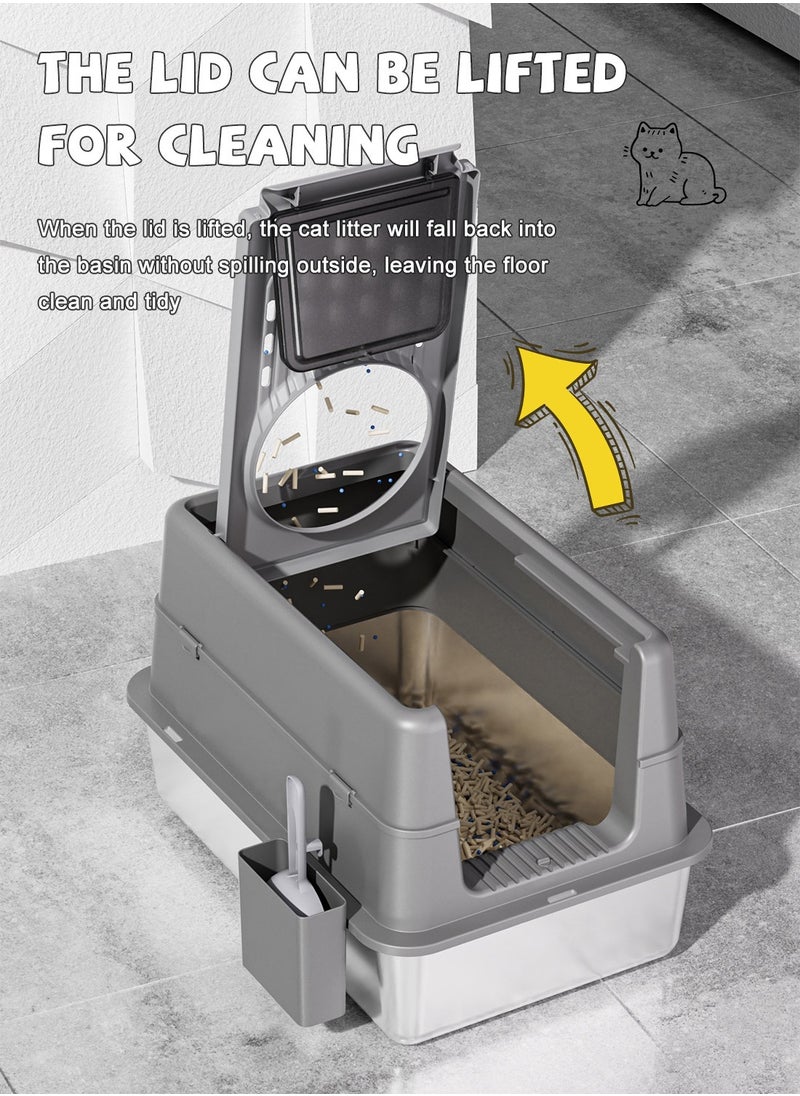Stainless Steel Cat Litter Box with Lid Extra Large Enclosed Litter Box Covered High Sided Litter Pan Easy Cleaning