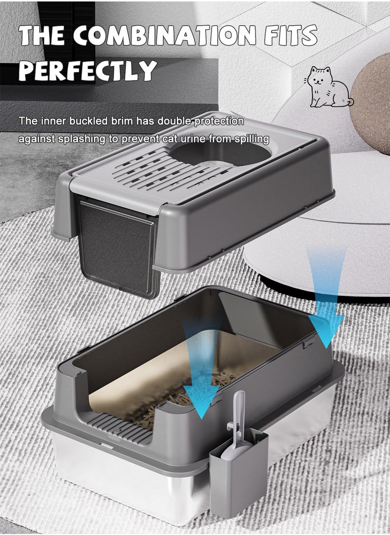 Stainless Steel Cat Litter Box with Lid Extra Large Enclosed Litter Box Covered High Sided Litter Pan Easy Cleaning