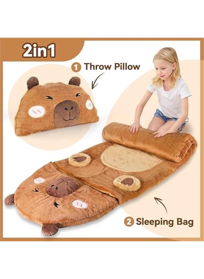 Kid Sleeping Bag, Plush Capybara Slumber Bag, Toddler Girl Boy Nap Mat, 2 In 1 Brown Animal Pillow, Happy Travel Sleepover Daycare Preschool Birthday Gift for Age 3 4 5 6 7 8 10 12 Child
