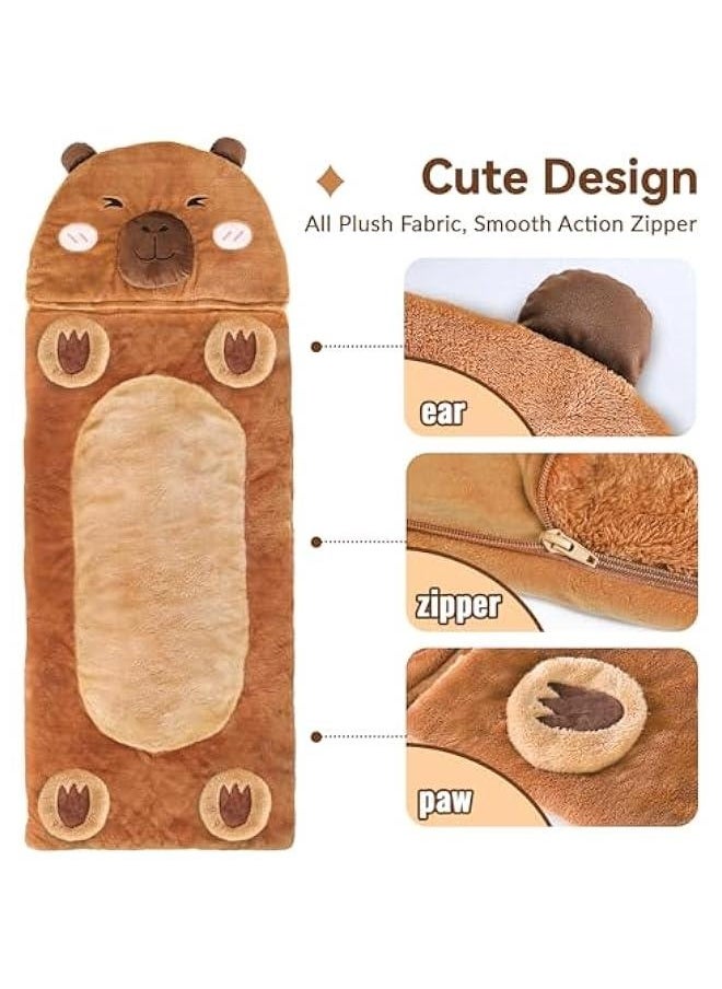 Kid Sleeping Bag, Plush Capybara Slumber Bag, Toddler Girl Boy Nap Mat, 2 In 1 Brown Animal Pillow, Happy Travel Sleepover Daycare Preschool Birthday Gift for Age 3 4 5 6 7 8 10 12 Child