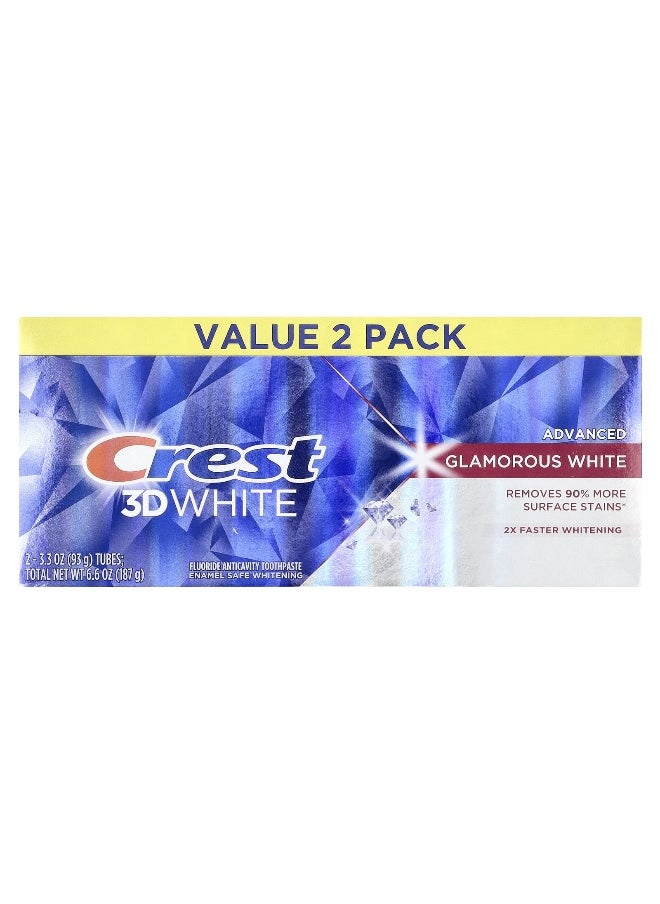 Crest, 3D White, Fluoride Anticavity Toothpaste, Advanced, Glamorous White, 2 Tubes, 3.3 oz (93 g) Each