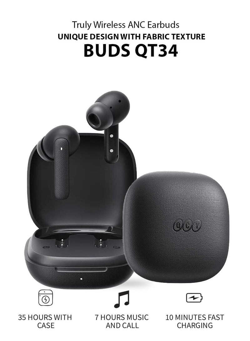 Buds QT43, Wireless Earbuds, 5.3 Bluetooth Earphones, Unique Design with Fabric Texture, 35 Hours Battery Life, AI Noise Cancelling Earbuds, Low Latency Gaming Earphone grey