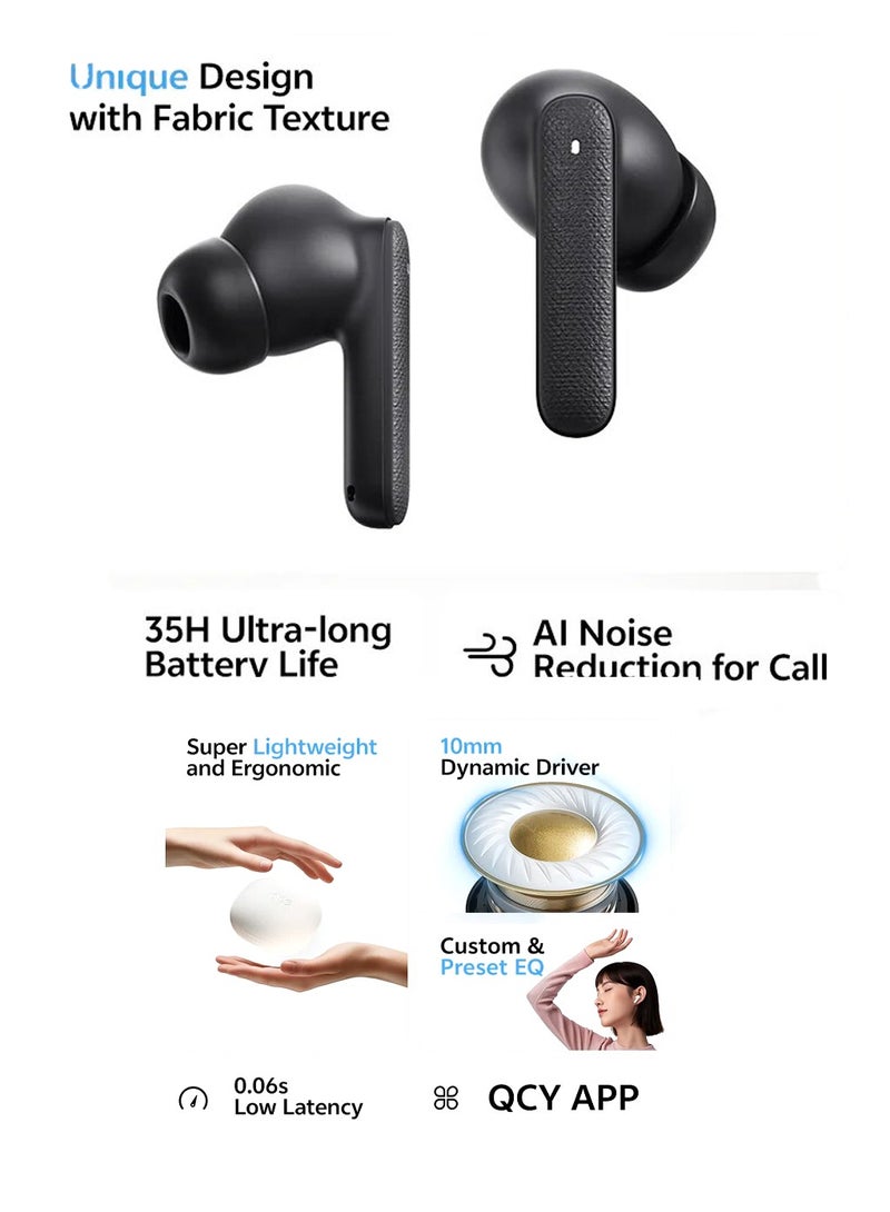 Buds QT43, Wireless Earbuds, 5.3 Bluetooth Earphones, Unique Design with Fabric Texture, 35 Hours Battery Life, AI Noise Cancelling Earbuds, Low Latency Gaming Earphone grey