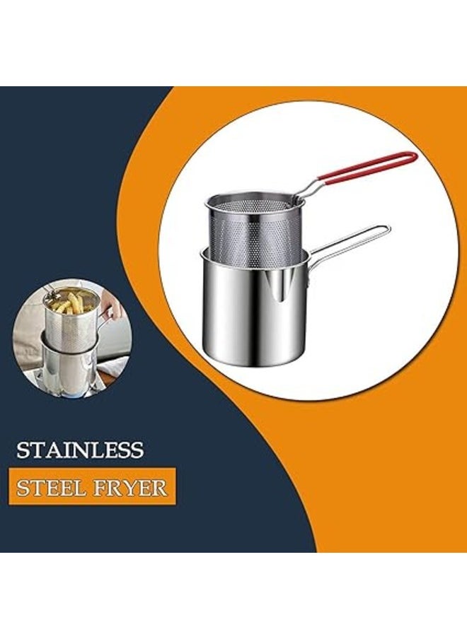 Mini Deep Frying Pot with Basket, Mini Deep Fryer Oil Fryer, 304 Stainless Steel Tools with Anti-Scald Silicone Handle, Frying Pan for Home, Tempura Chips, French Fries, Chicken, Fish
