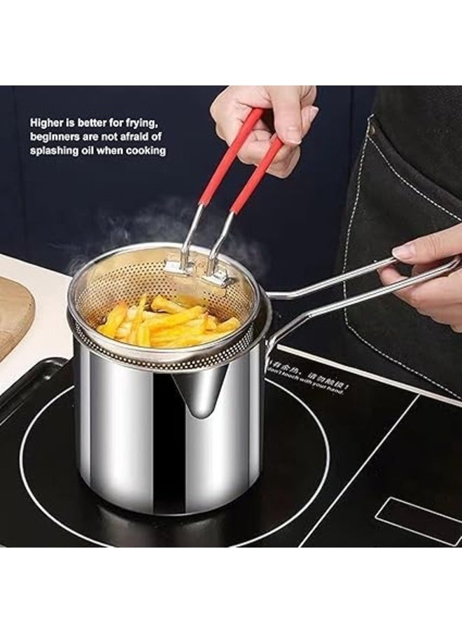 Mini Deep Frying Pot with Basket, Mini Deep Fryer Oil Fryer, 304 Stainless Steel Tools with Anti-Scald Silicone Handle, Frying Pan for Home, Tempura Chips, French Fries, Chicken, Fish