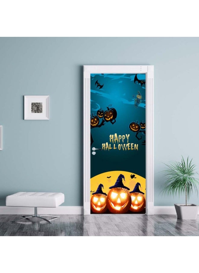 Evil Pumpkin Door Sticker Blue/Black/Yellow 77x200cm