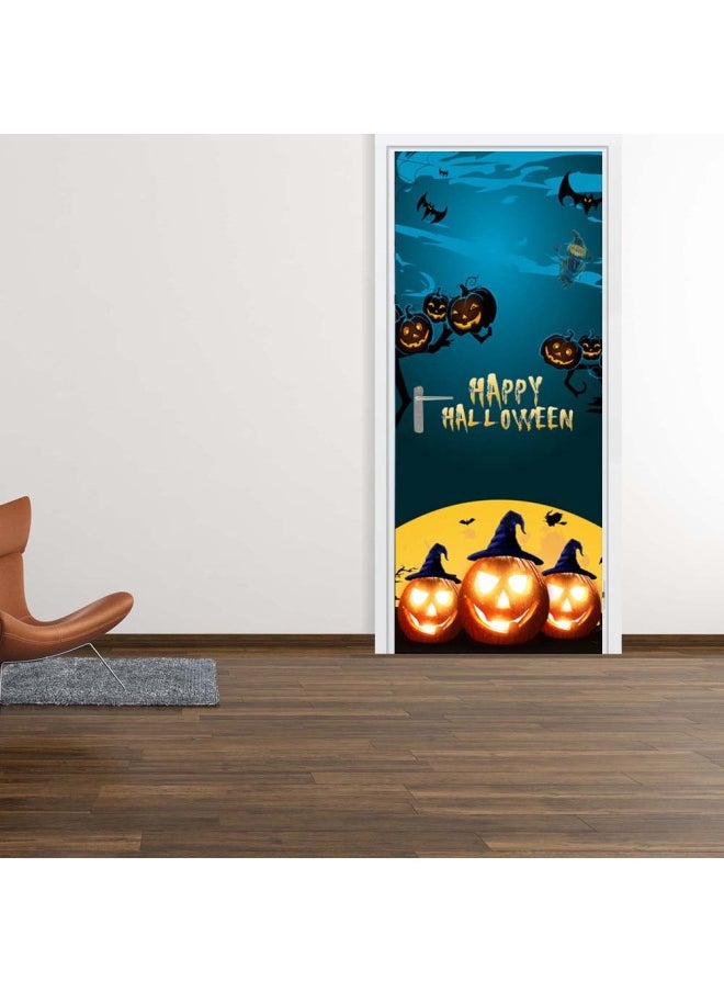 Evil Pumpkin Door Sticker Blue/Black/Yellow 77x200cm