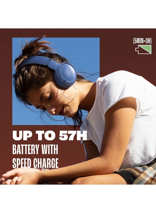 Tune 520Bt Wireless On Ear Headphones Pure Bass Sound 57H Battery Hands Free Call Plus Voice Aware Multi Point Connection Lightweight And Foldable Blue