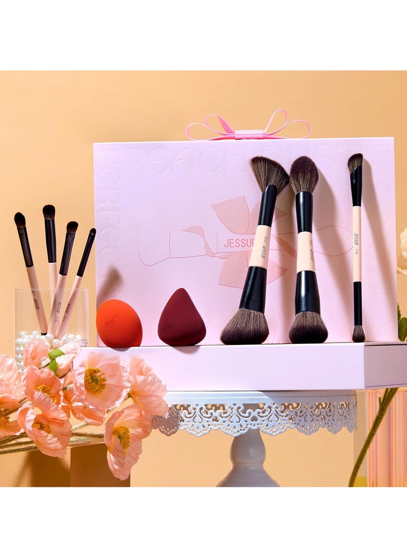 Jessup Makeup Brushes Set 9pcs, 7pcs Double Sided Makeup Brushes, 2pcs Makeup Sponges, Foundation Concealer Blush Eyeshadow Contour Powder Gift Packaging T506
