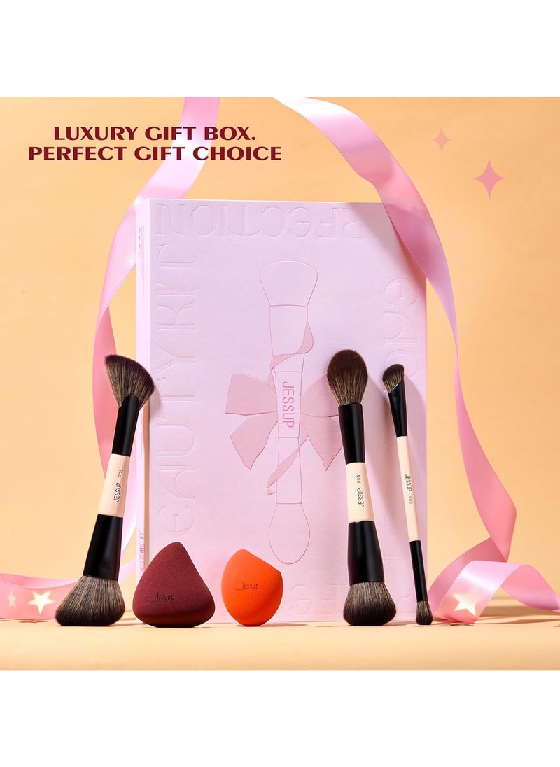 Jessup Makeup Brushes Set 9pcs, 7pcs Double Sided Makeup Brushes, 2pcs Makeup Sponges, Foundation Concealer Blush Eyeshadow Contour Powder Gift Packaging T506