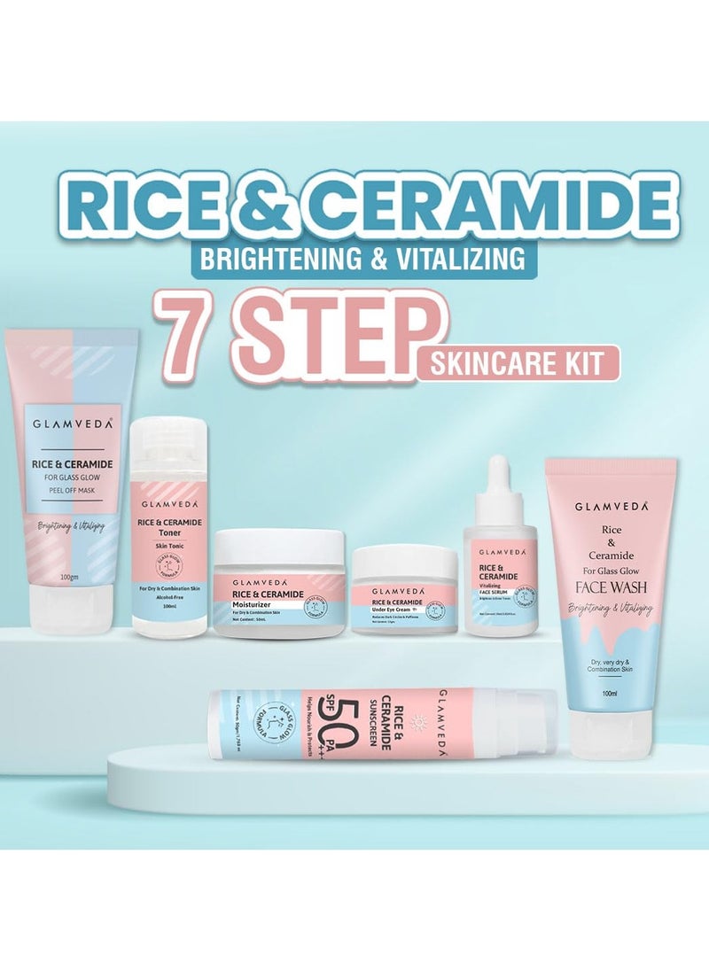 korean rice and ceramide 7 step weekly skincare routine for women with gift box face wash peel off mask toner serum under eye cream moisturizer and sunscreen