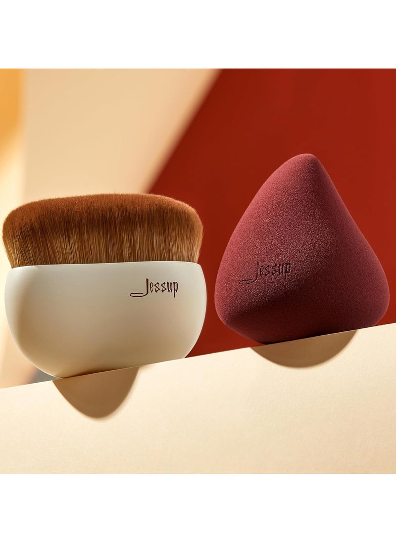 Jessup Makeup Brush Light Gray Foundation Brush with Makeup Sponge 1pc Kabuki Brush for Liquid, Cream or Flawless Powder Cosmetics Face Boby Brush T882