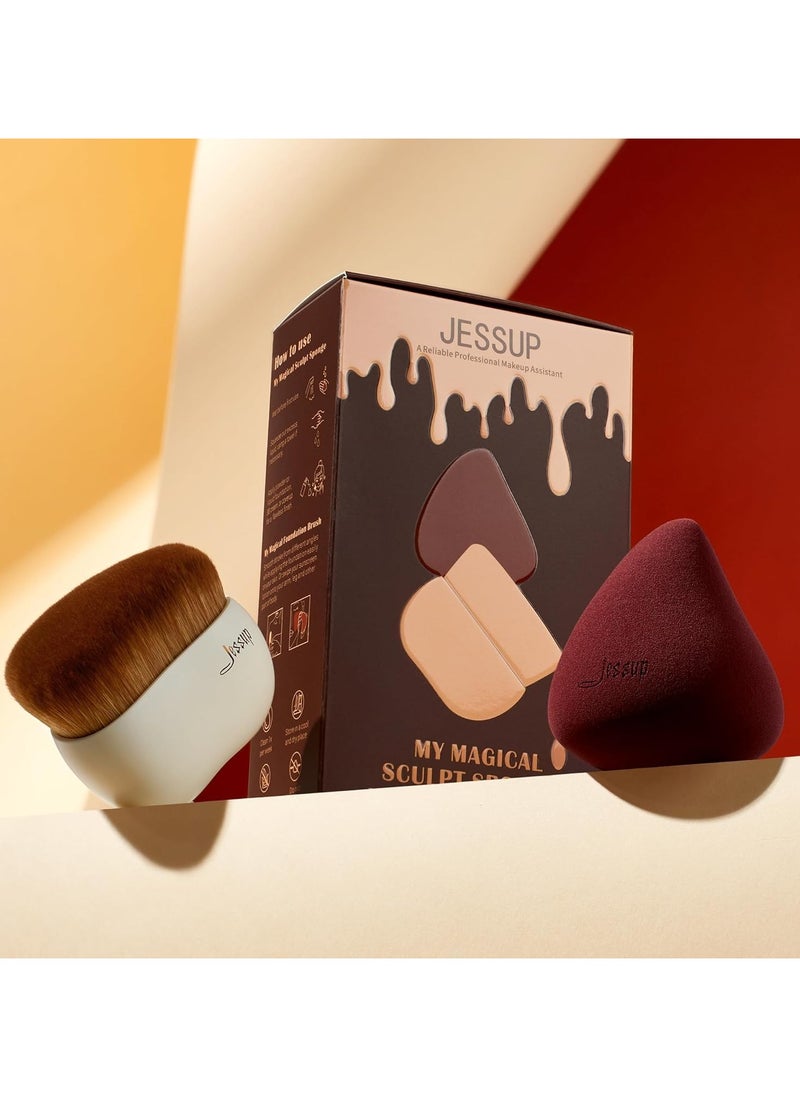 Jessup Makeup Brush Light Gray Foundation Brush with Makeup Sponge 1pc Kabuki Brush for Liquid, Cream or Flawless Powder Cosmetics Face Boby Brush T882