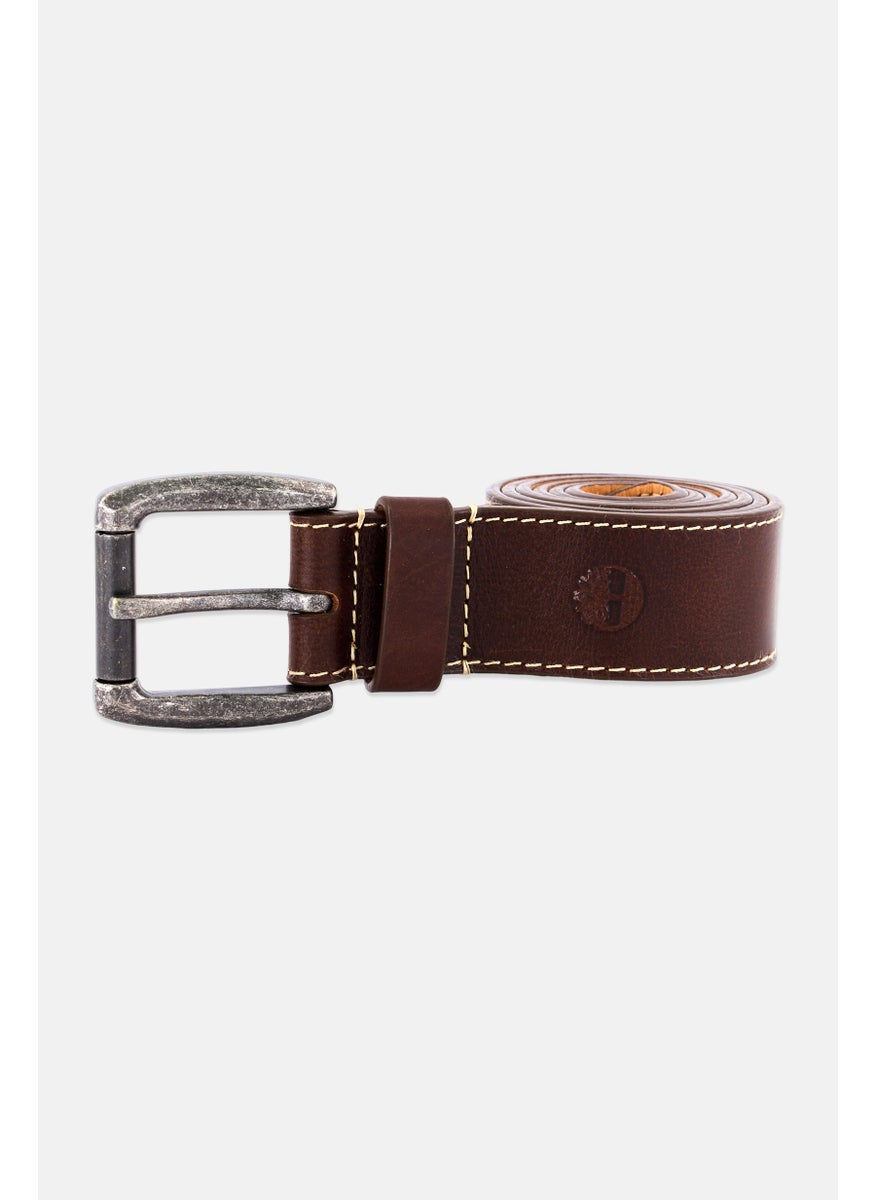 Men Brand Logo Leather Belt, Dark Brown