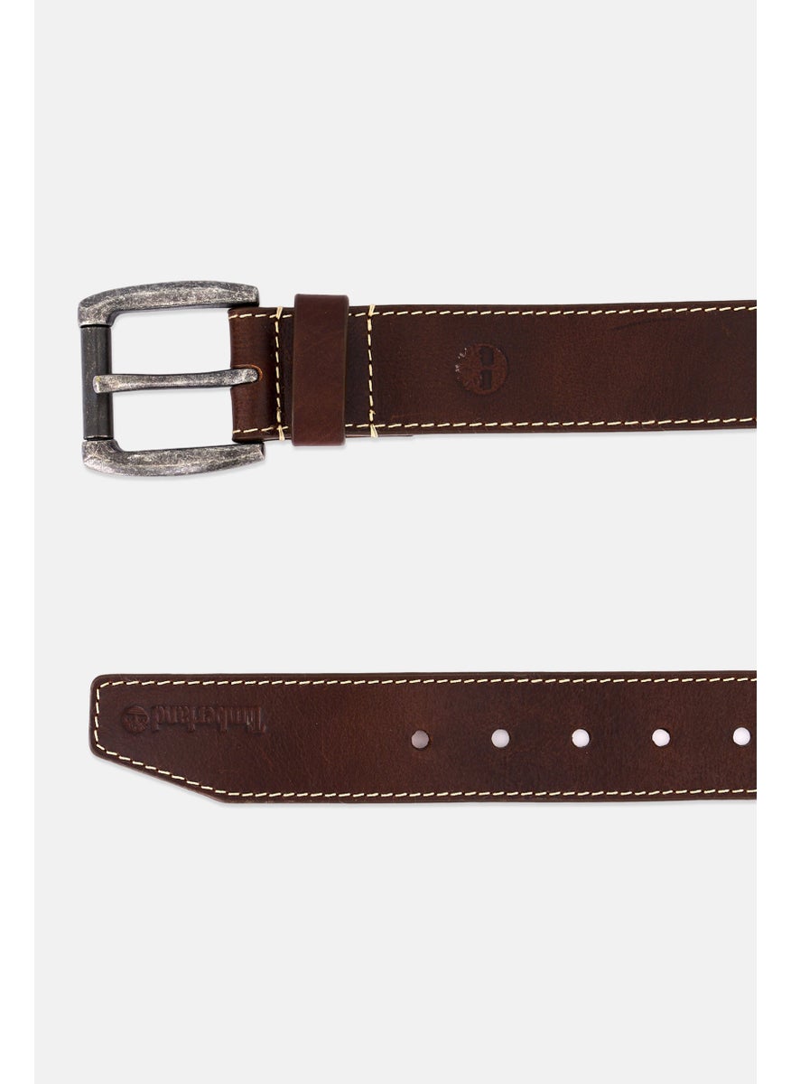Men Brand Logo Leather Belt, Dark Brown